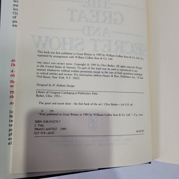 Clive Barker The Great & Secret Show 1989 Hardcover Book - Picture 2 of 2